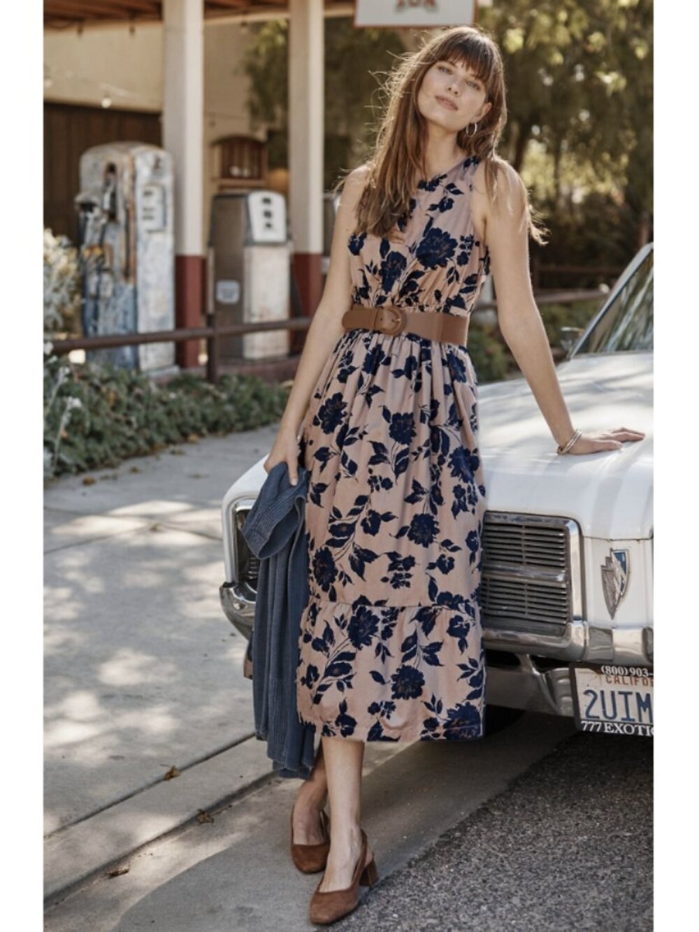 J.Jill Carefree Sleeveless Midi Dress Cappuccino Brushstroke Floral